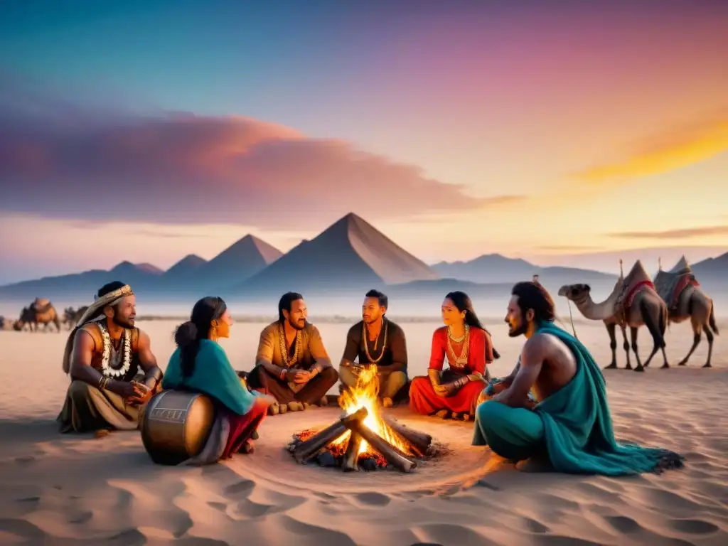 Noche estrellada en el desierto, tribus nómadas alrededor de fogata, tocando instrumentos tribales y bailando