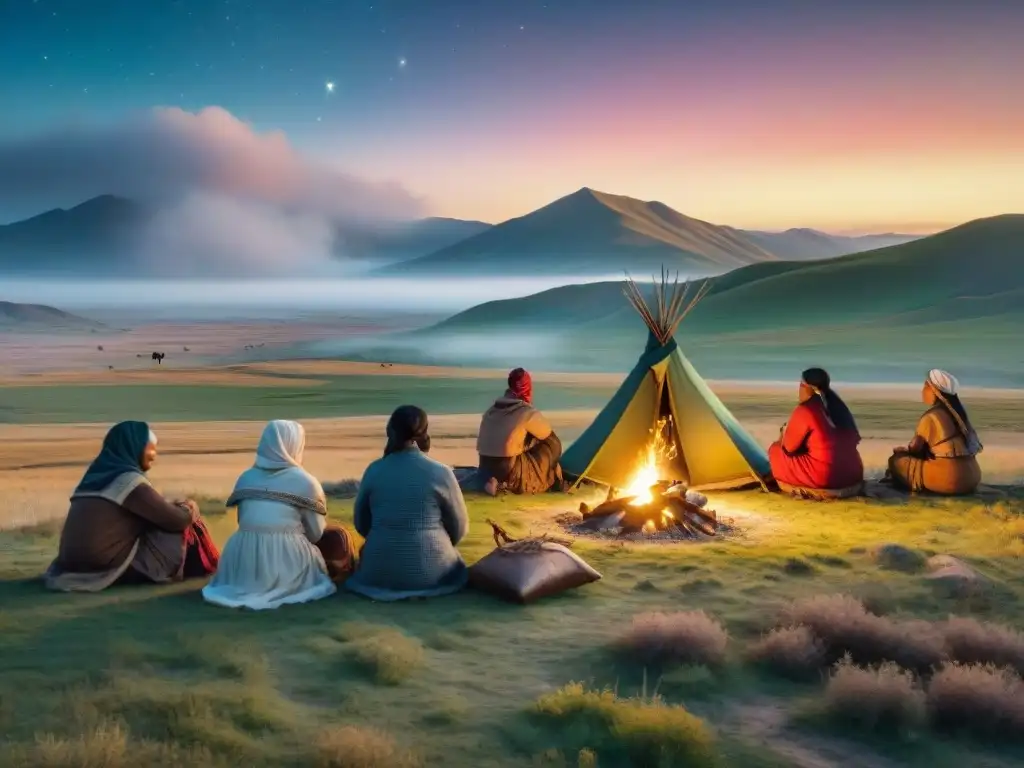 Noche estrellada en las estepas con tribu nómada alrededor de fogata