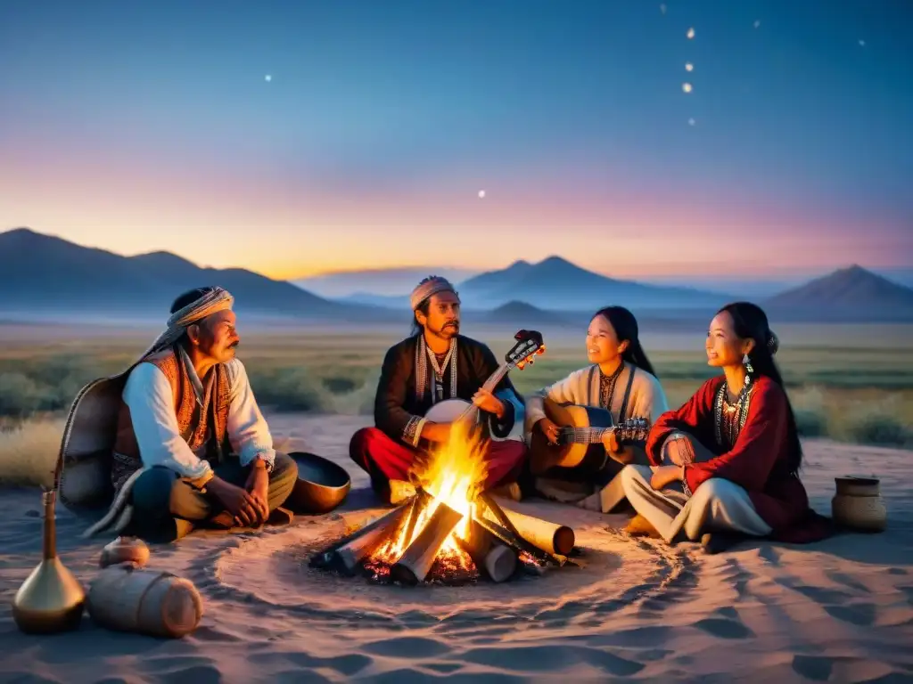 Noche estrellada en la estepa, tribu nómada junto a fogata, tocando instrumentos tradicionales