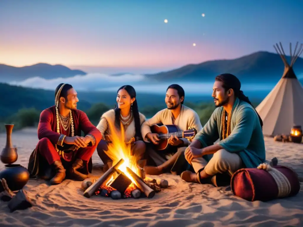 Noche estrellada con tribus nómadas tocando instrumentos musicales alrededor del fuego, en un ambiente de comunidad y tradición