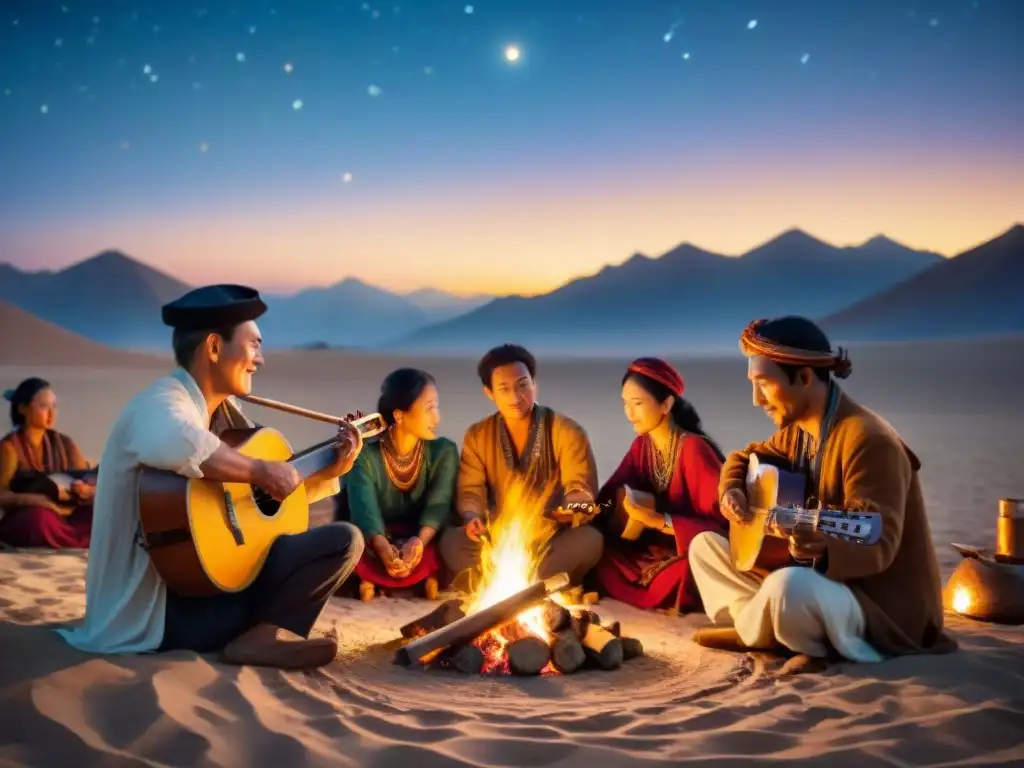 Concierto nocturno de tribus nómadas en la Ruta de la Seda Noches de música intercultural entre tribus nómadas bajo las estrellas en la Ruta de la Seda