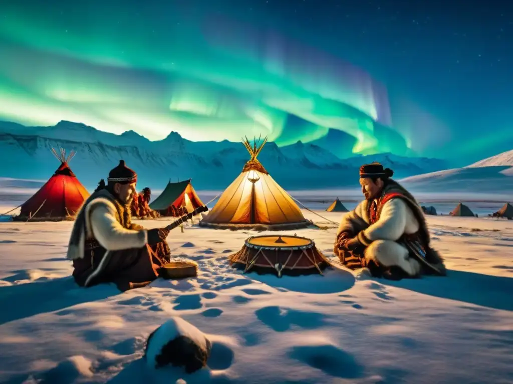 Noches de riqueza cultural: tribus nómadas tocando instrumentos bajo un cielo estrellado con auroras boreales