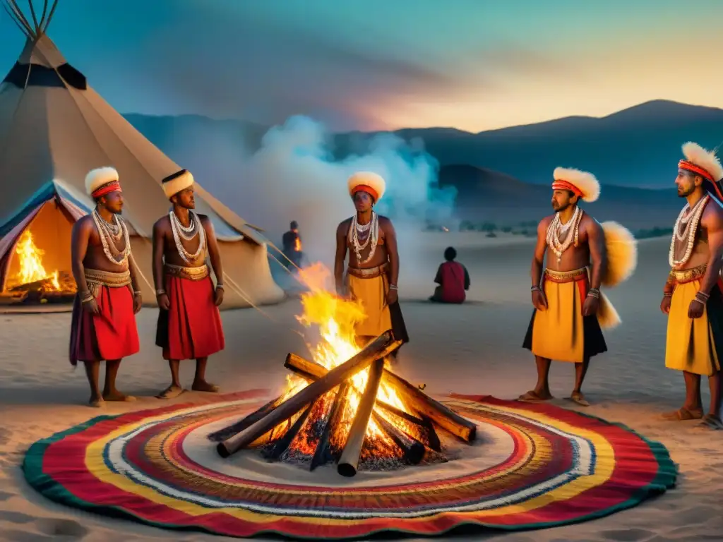 Celebración nocturna de una tribu nómada en festival en el desierto, con danzas alrededor de una hoguera