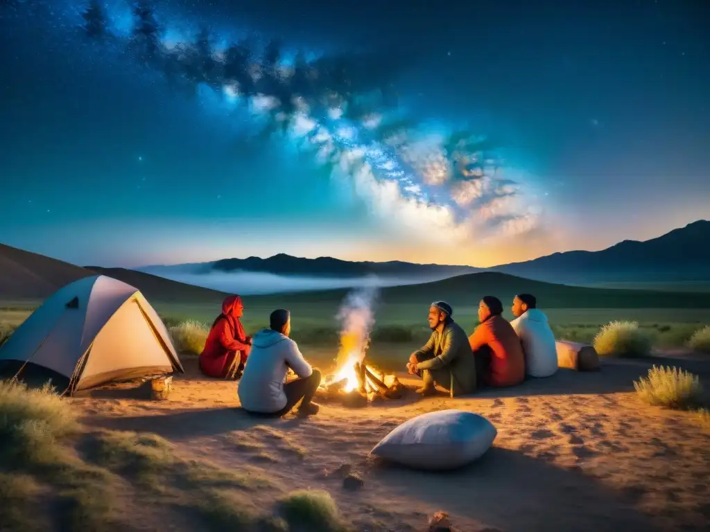 Fotografía nocturna de tribus nómadas en estepas, reunidas alrededor de una hoguera bajo un cielo estrellado