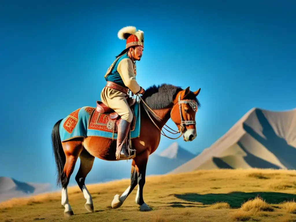 Un kirguís nómada montando un caballo adornado en la estepa, mostrando la historia del caballo en tribus nómadas