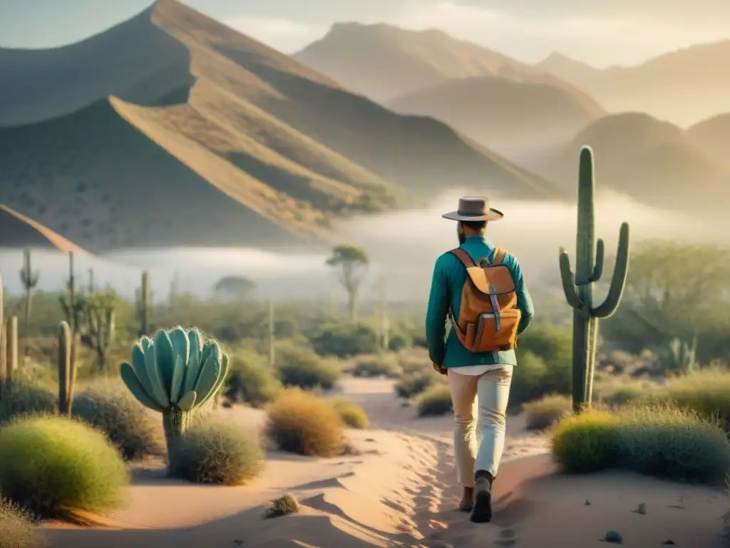 Un nómada camina por el desierto al atardecer, llevando solo lo esencial