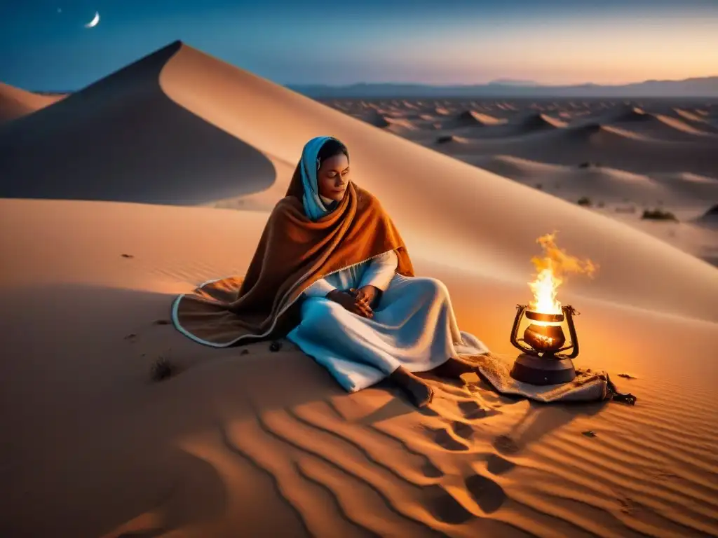 Un nómada descansando bajo las estrellas en el desierto, con su cama tradicional y un fuego cálido, rodeado de dunas y un camello