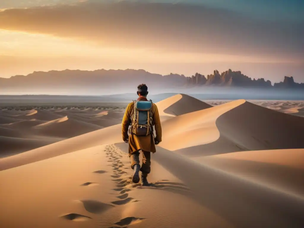 Un nómada con un GPS perfecto para travesías nómadas, camina en un desierto vasto y árido al atardecer