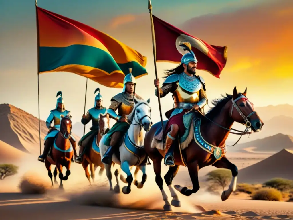 Épica cabalgata de guerreros nómadas en el desierto Transformación de líder nómada guerreros cabalgando en el desierto al atardecer
