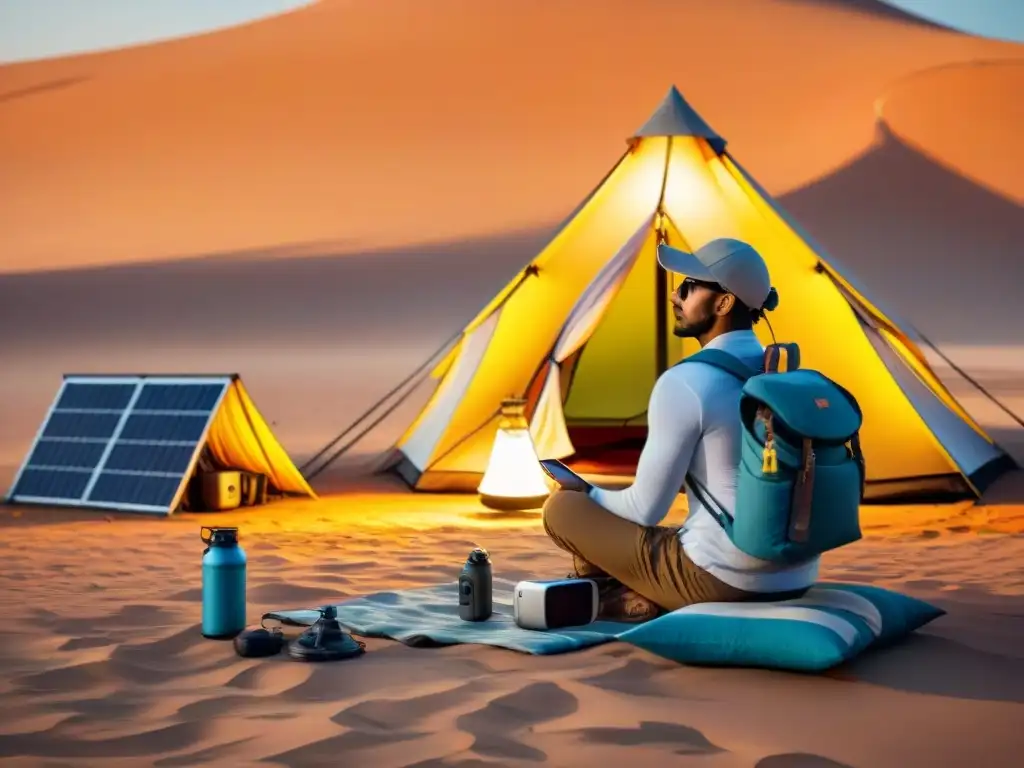 Un nómada moderno junto a su equipamiento esencial para vida nómada en el desierto