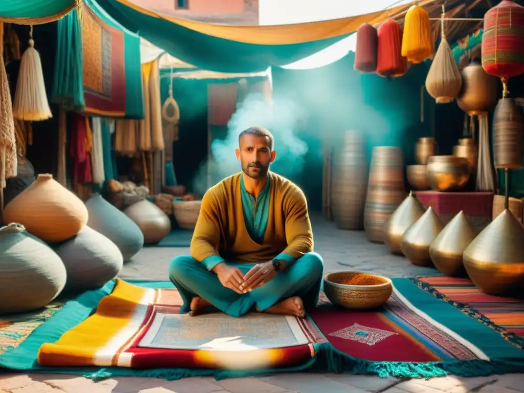 Un nómada moderno en un mercado de Marrakech, fusionando tradiciones y exploración en un mundo globalizado