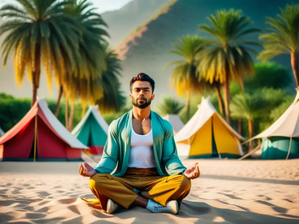 Un nómada meditando en un oasis desértico, reflejando la gestión del estrés vida nómada