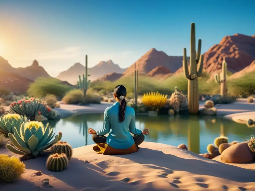 Un nómada en meditación, rodeado de cactus y un oasis colorido