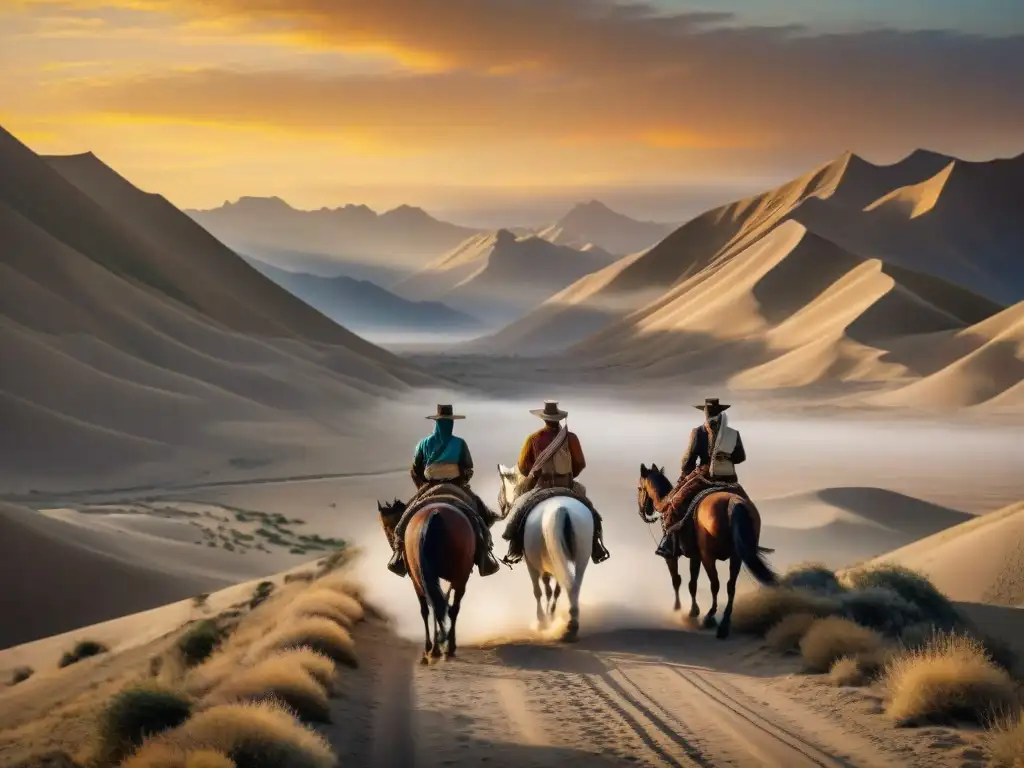 Equitación nómada en la Ruta: Jinetes en un desierto al atardecer, liderando una caravana de caballos cargados en una pintura vintage