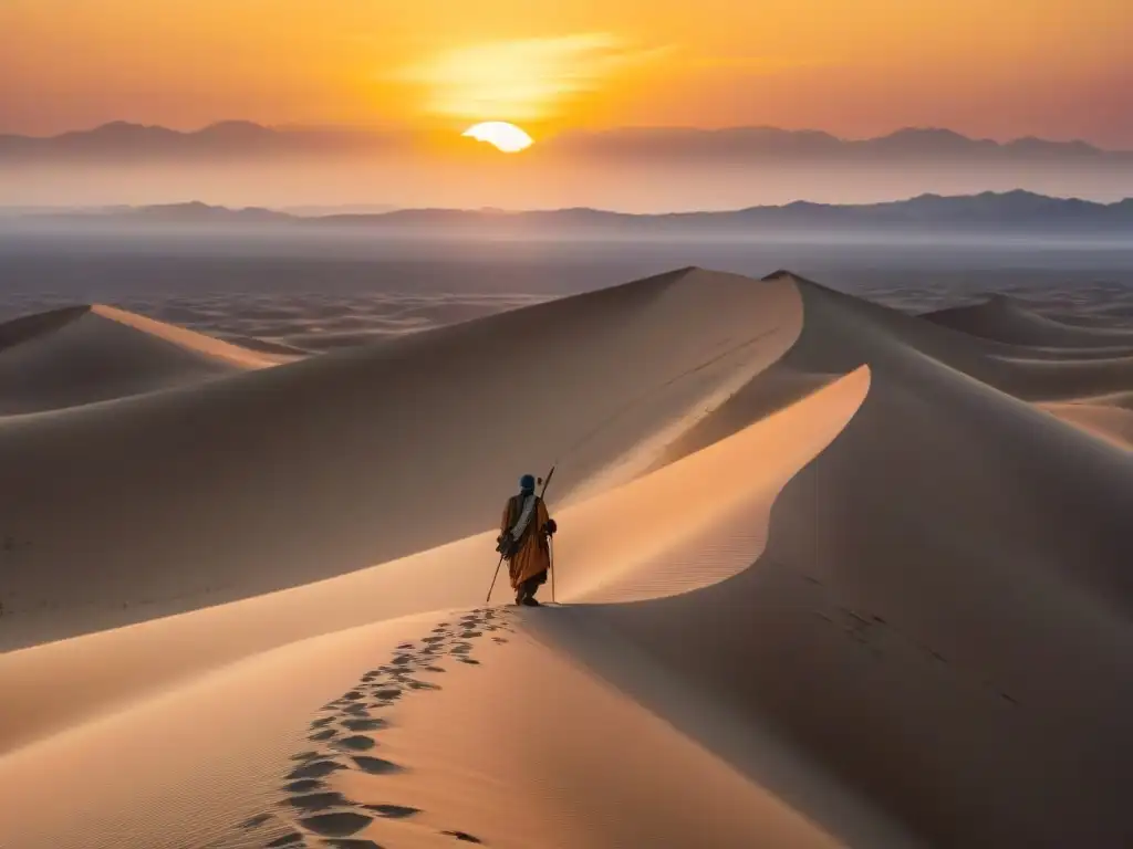 Un nómada solitario contempla el atardecer en una majestuosa duna, conectando con la transformación personal y el legado nómada