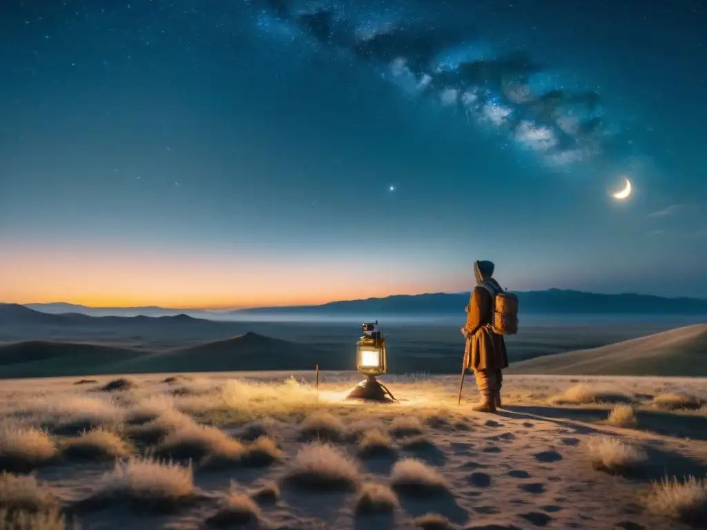 Un nómada solitario capturando la belleza de la noche en la estepa con una fotografía de larga exposición