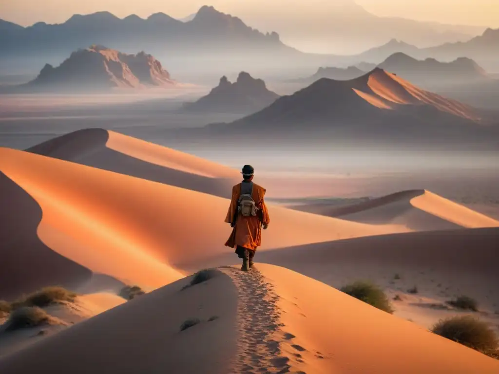 Un nómada solitario se adentra en un desierto al atardecer hacia un oasis brillante