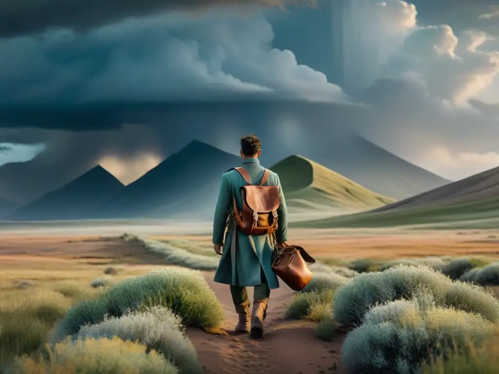 Viaje solitario: nomadismo en la estepa Un nómada solitario en estepas hostiles, demostrando la resistencia en climas extremos