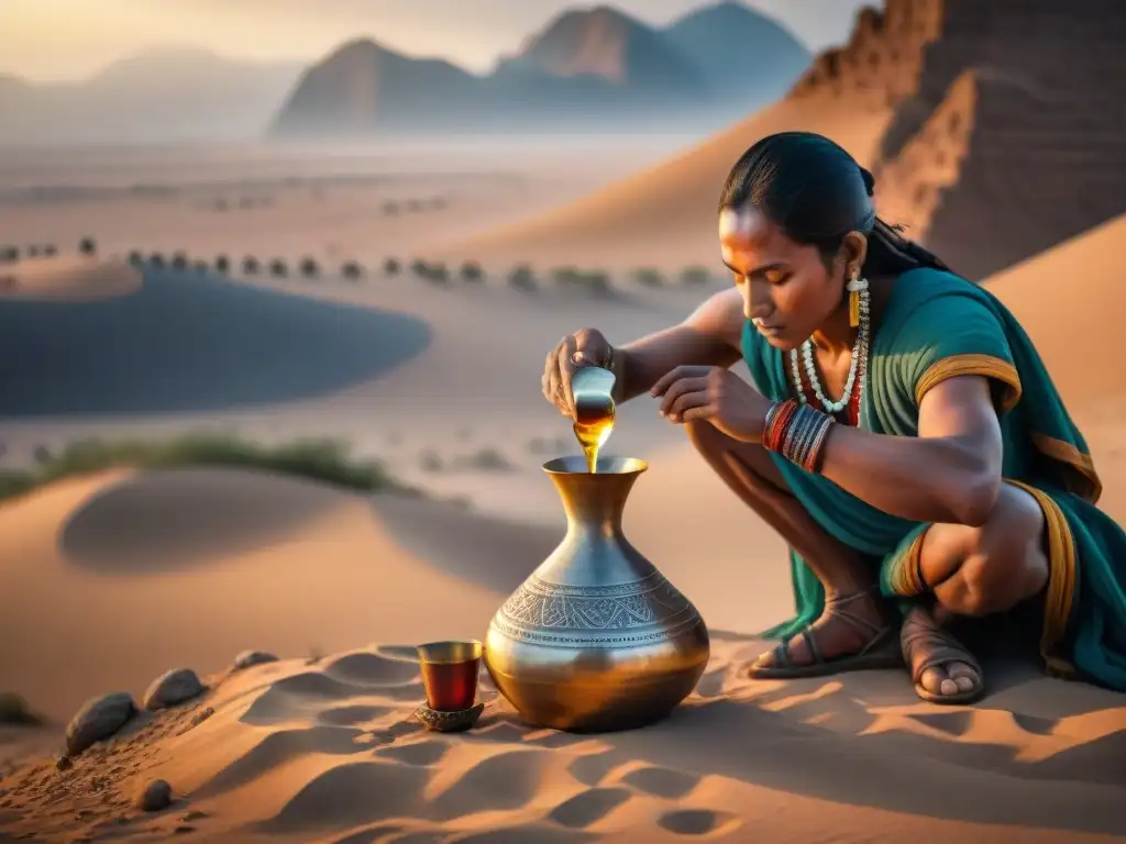 Retrato detallado de un nómada sirviendo elixir ancestral al atardecer Un nómada vierte un tónico ancestral de una cantimplora en un vaso rústico en el desierto al atardecer