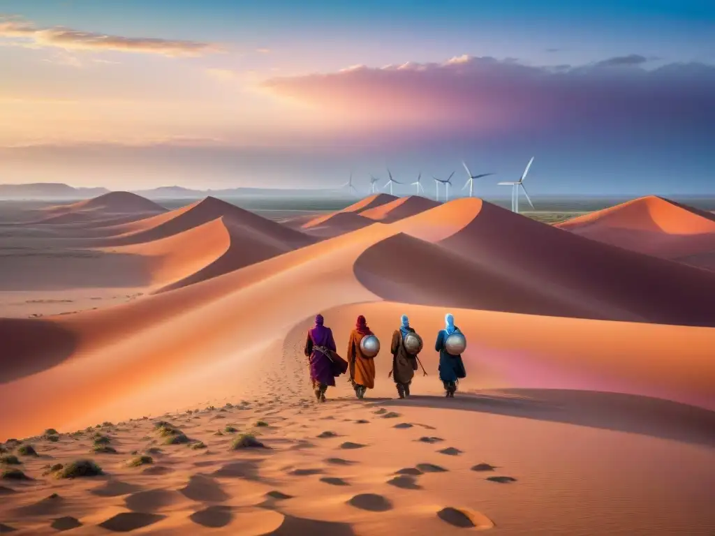 Nómadas en desierto con energía sostenible y tradición, bajo un cielo de atardecer vibrante