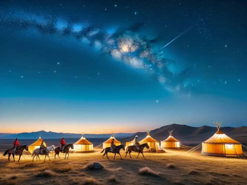 Nómadas en estepas doradas bajo la luna llena, yurtas tradicionales iluminadas, con satélites en el cielo