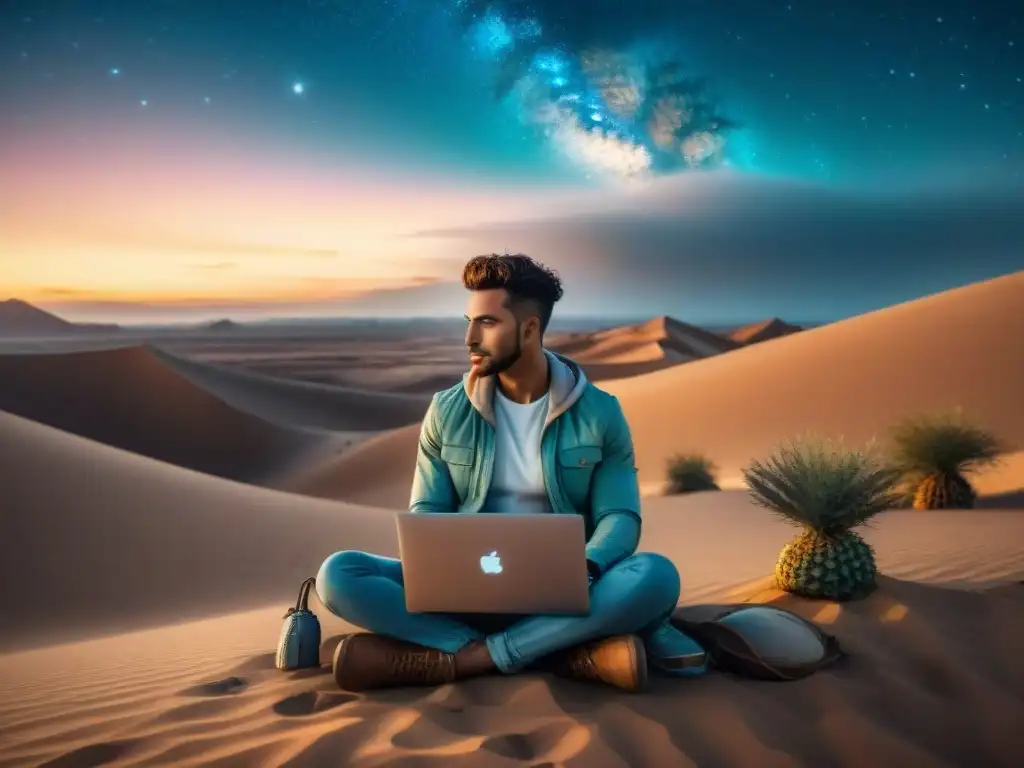 Nómadas modernos transformando trabajo remoto: Grupo diverso en desierto estrellado, trabajando en laptops bajo cielo nocturno