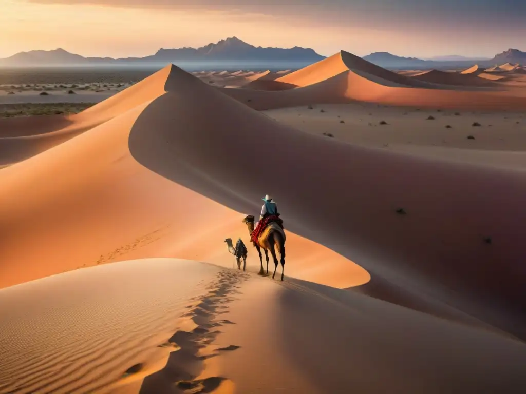 Nomadismo entre dunas bajo el sol del desierto, reflejando desafíos y belleza