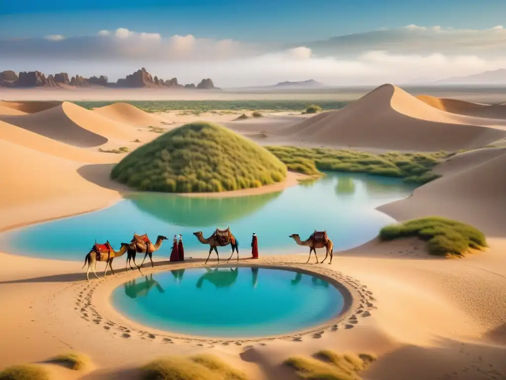 Un oasis brillante: tribu nómada junto a tiendas detalladas, camellos y vasijas, simbolizando la vida en el desierto