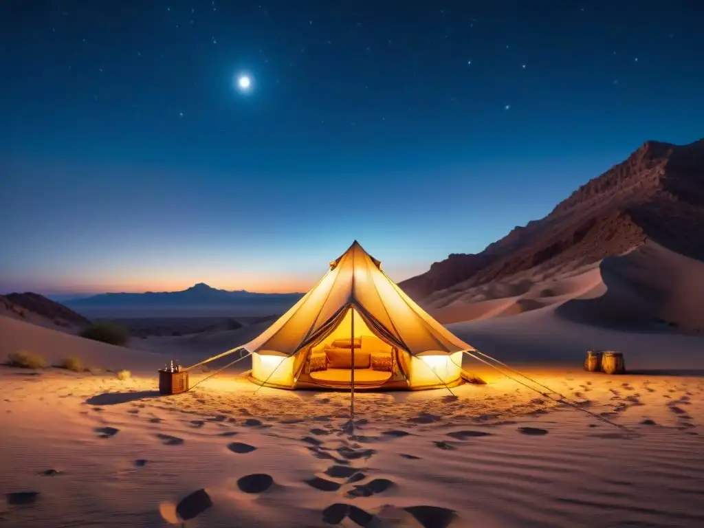 Un oasis de paz en el desierto, con una tienda nómada iluminada por dentro en la noche estrellada, transmitiendo un sueño reparador cultura nómada