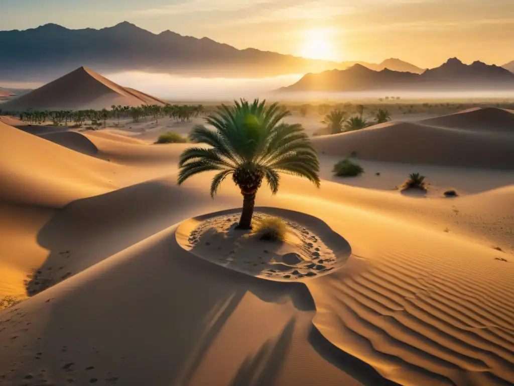 Un oasis tradicional en el desierto con una palmera verde exuberante contrastando con la aridez, iluminado por la puesta de sol