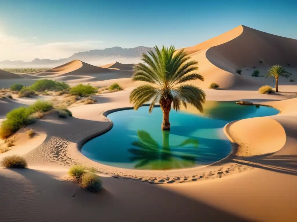 Un oasis tradicional en el desierto: palmera verde, dunas áridas y piscina reluciente