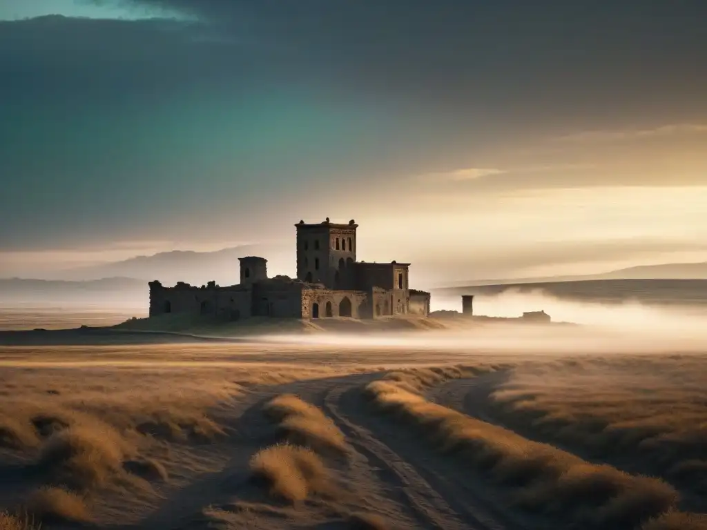 Origen y desaparición ciudades fantasma: paisaje desolado al atardecer con niebla, ruinas y misterio sepia