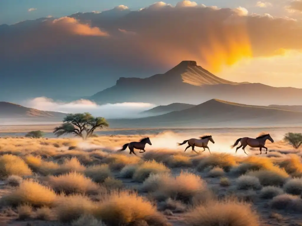 Paisaje de estepa árida al atardecer con caballos salvajes galopando en la distancia