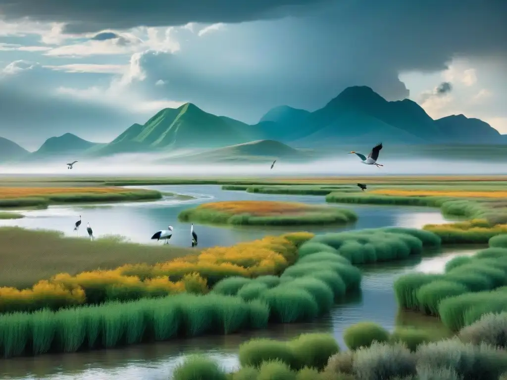 Un paisaje de la estepa con aves acuáticas bajo un cielo tormentoso