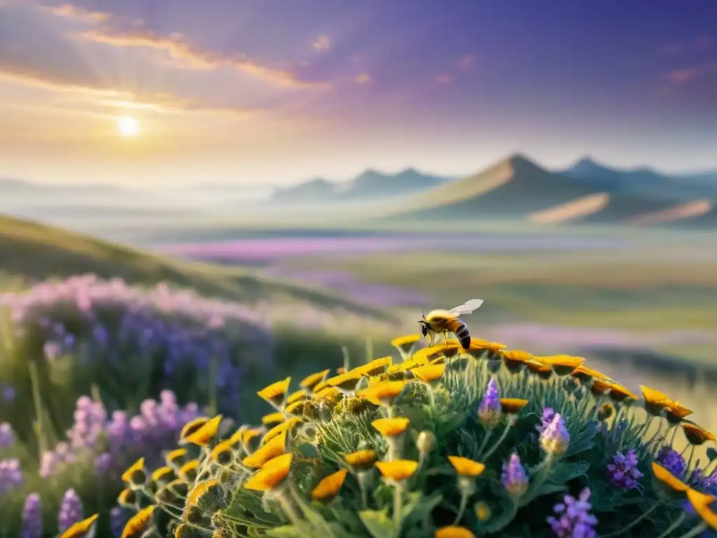 Un paisaje de estepa bañado por el sol, con flores silvestres y una abeja en primer plano