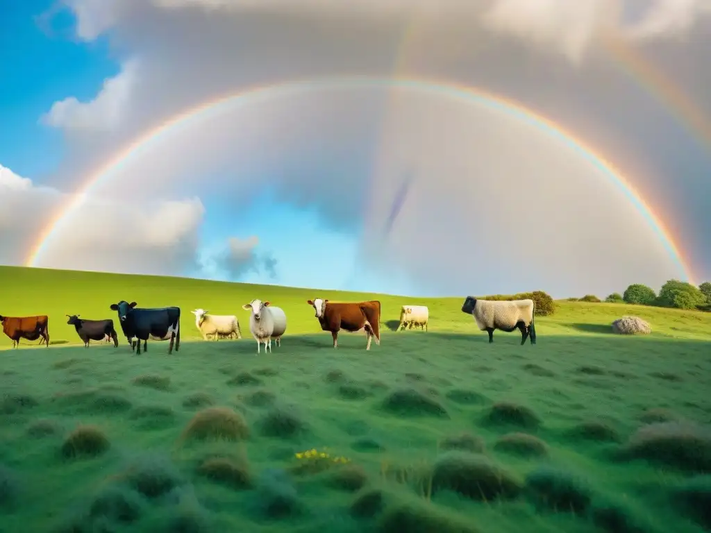 Un paisaje bucólico con animales pastando en armonía bajo un arcoíris vibrante