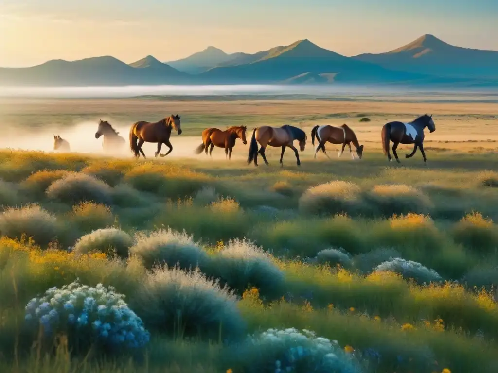 Paisaje de estepa virgen con caballos salvajes y flores nativas bajo el sol poniente