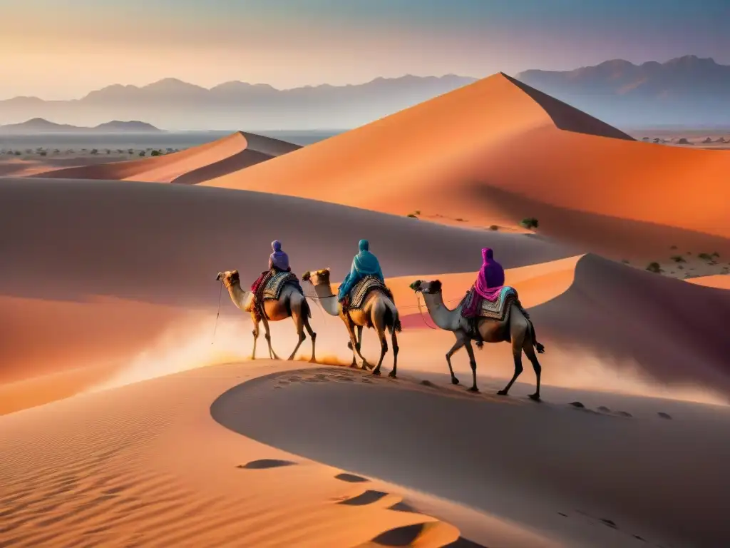 Un paisaje desértico al atardecer con una caravana de camellos y jinetes, reflejando la historia de los vehículos nómadas