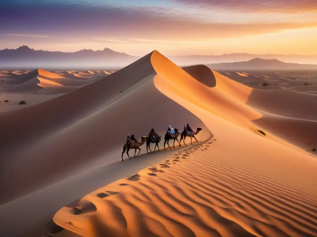 Un paisaje desértico al atardecer con estructuras nómadas efímeras, mostrando la belleza de la arquitectura tradicional