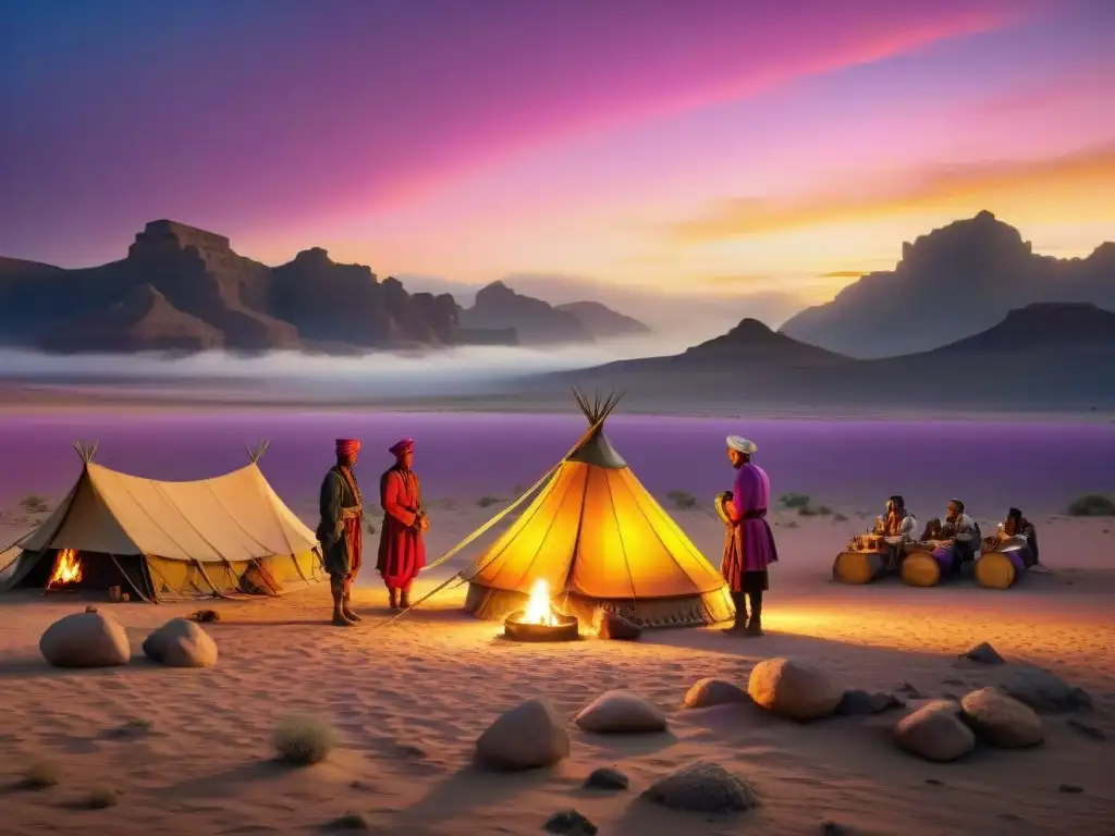 Un paisaje desértico al atardecer con una tienda nómada iluminada por una fogata, reflejando la herencia nómada en turismo