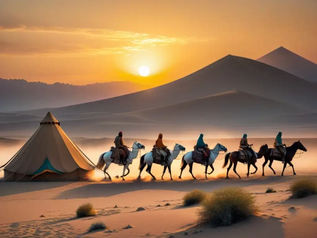 Un paisaje desértico al atardecer con tiendas nómadas, guerreros en caballos y una puesta de sol dorada