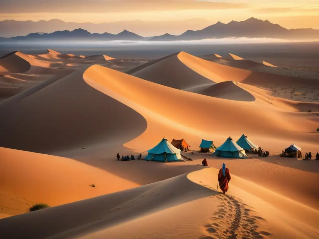 Un paisaje desértico al atardecer con tribu nómada, destaca su vida sostenible