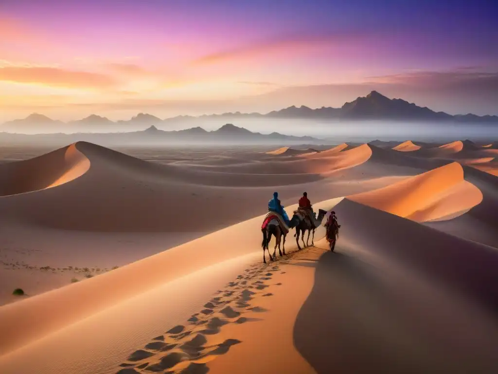 Un paisaje desértico al atardecer con una tribu nómada en camellos, transmitiendo la riqueza cultural y la conservación del entorno