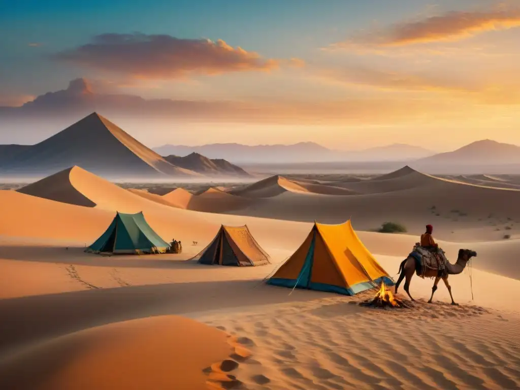 Un paisaje desértico al atardecer con tribus nómadas en campamento alrededor de una fogata central, tiendas decoradas con patrones coloridos