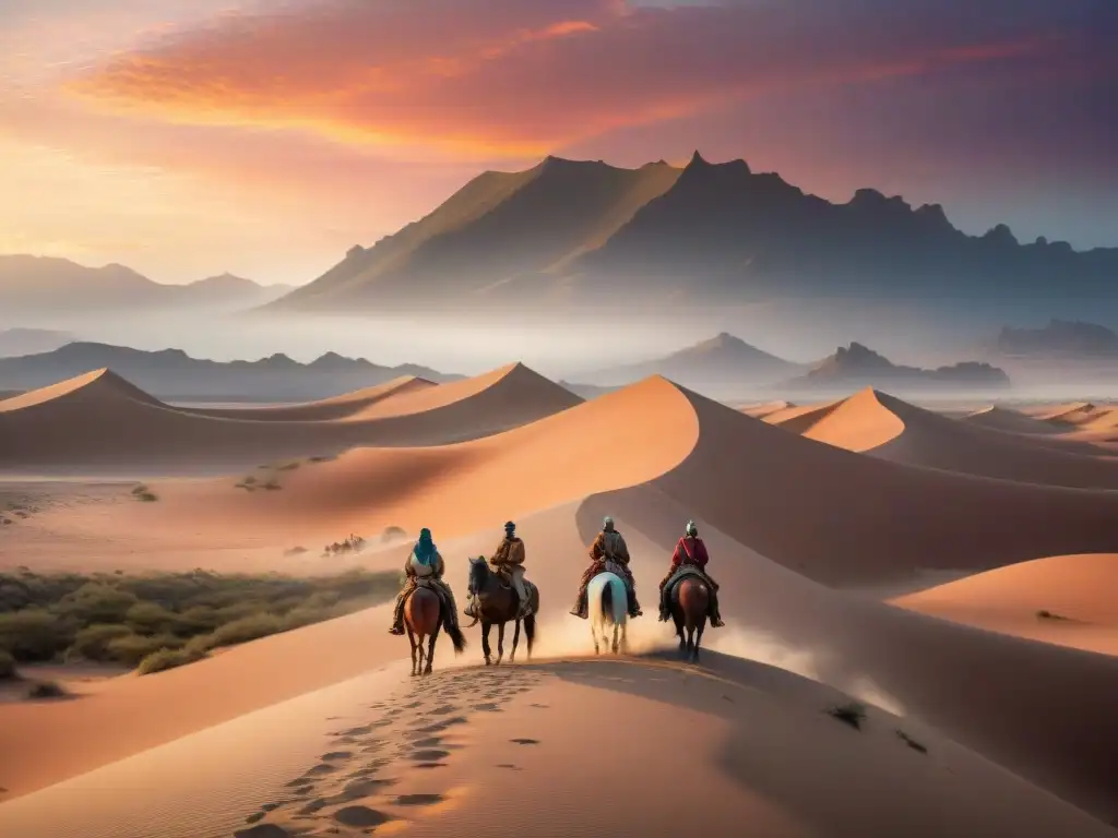 Un paisaje desértico al atardecer donde tribus nómadas cuidan de sus caballos y halcones