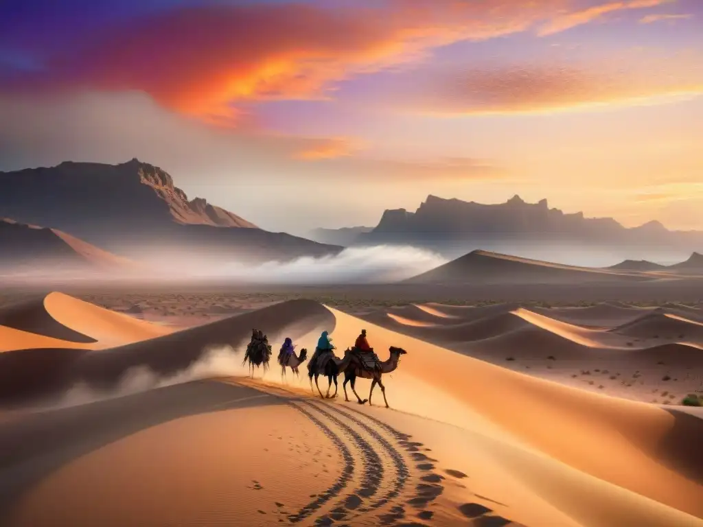 Un paisaje desértico al atardecer con tribus nómadas y camellos