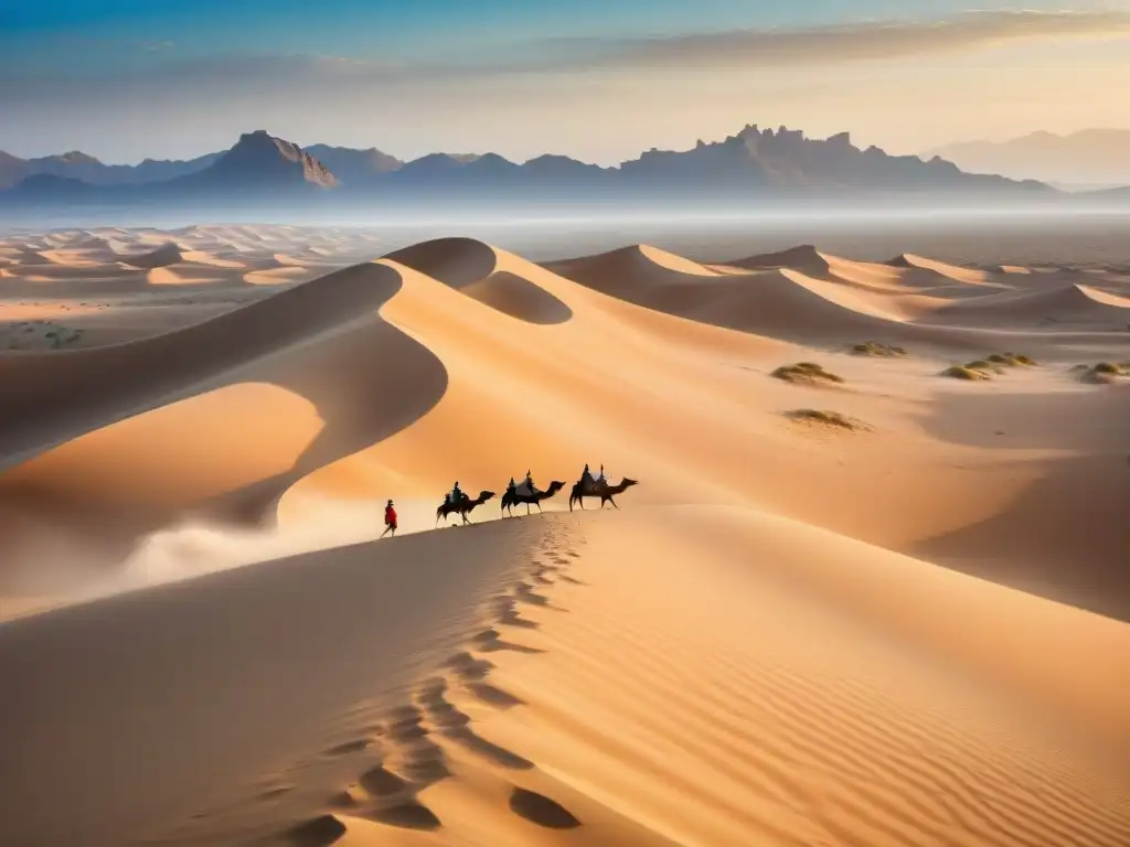 Viaje ancestral: tribu nómada en desierto Un paisaje desértico extenso con una tribu nómada moviéndose entre dunas, ruinas antiguas y un cielo azul claro