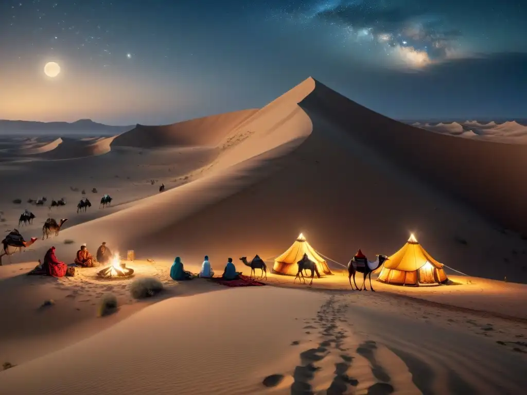 Un paisaje desértico nocturno detallado muestra la vida nómada, con tribus y camellos bajo las estrellas