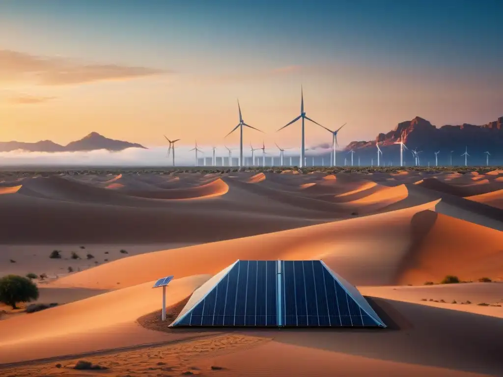 Un paisaje desértico sereno al atardecer con una tienda nómada iluminada por paneles solares y una turbina eólica