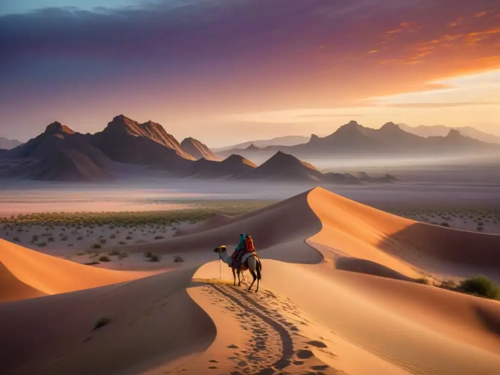 Paisaje desértico con tribu nómada en camellos bajo un atardecer colorido